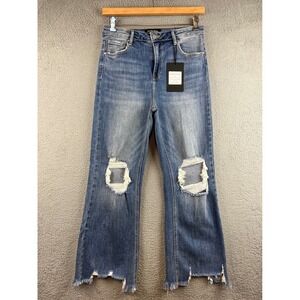 New Risen Jeans Wild Oak Boutique Distressed Shark Bite Hem Jeans Blue 13/31